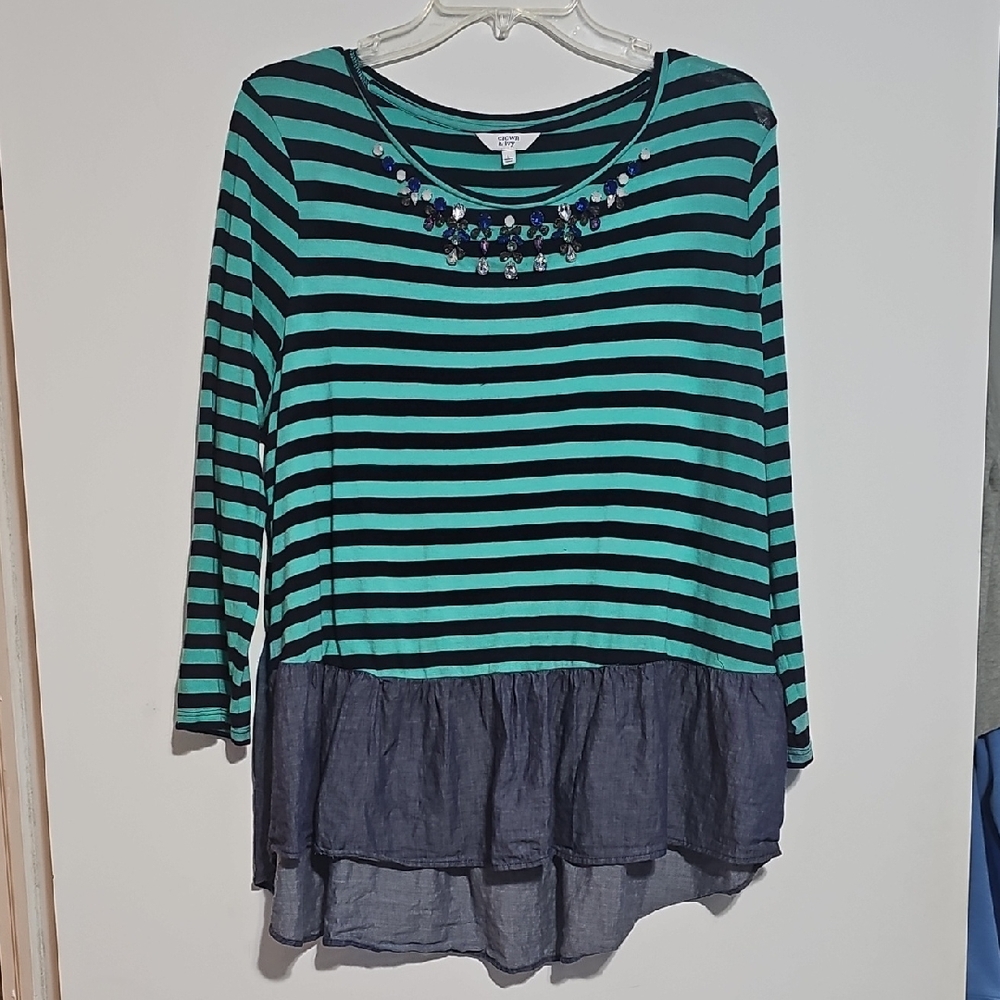 Crown & Ivy Striped Green and Navy Women's Top Rhinestones Sz Large Cotton Modal